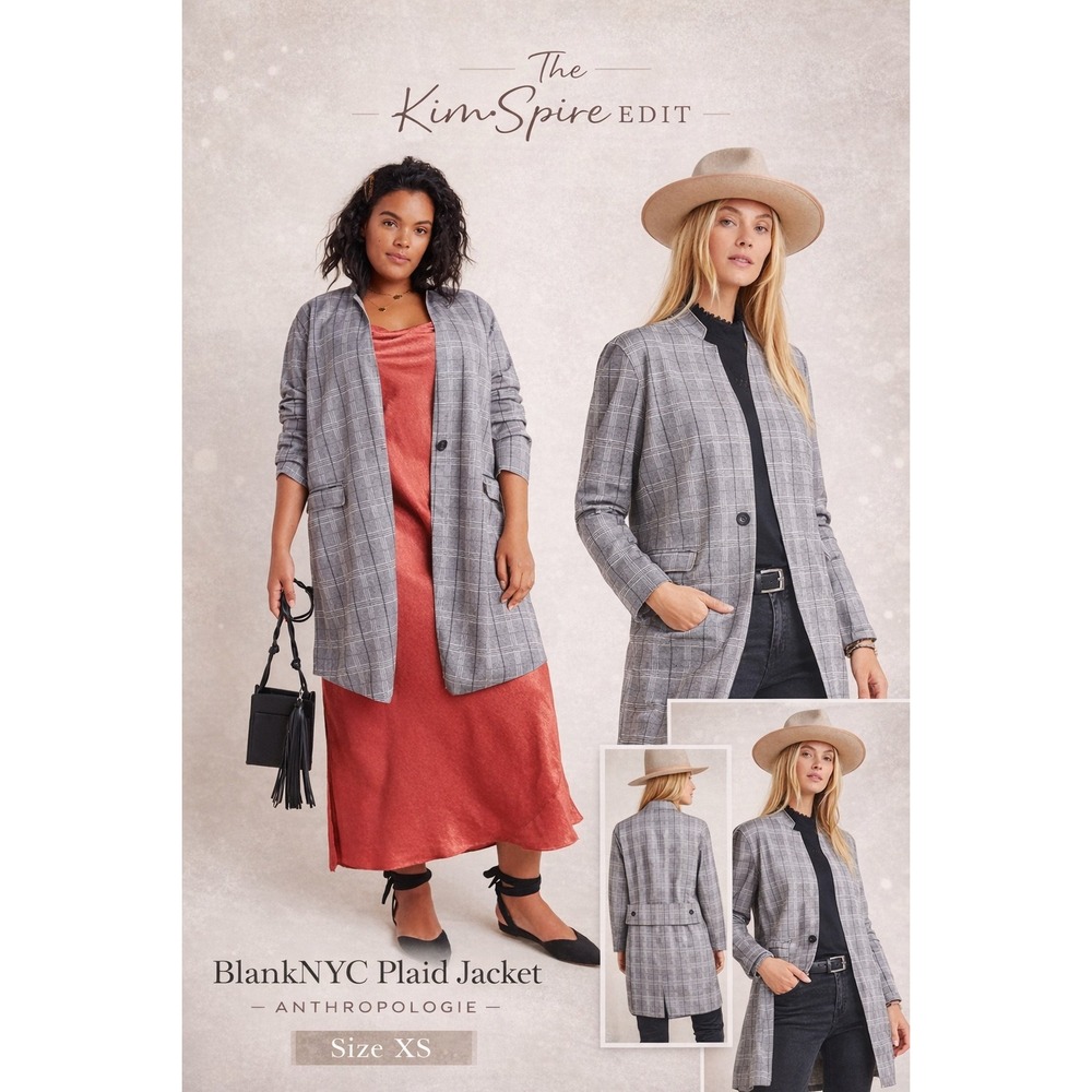 BLANKNYC Plaid Long Blazer Jacket Womens XS Single Button Collarless‎ Drape